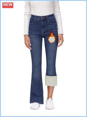 Womens Fleece Lined Bootcut Jeans High Waisted Warm Flannel Bell Bottom Winter